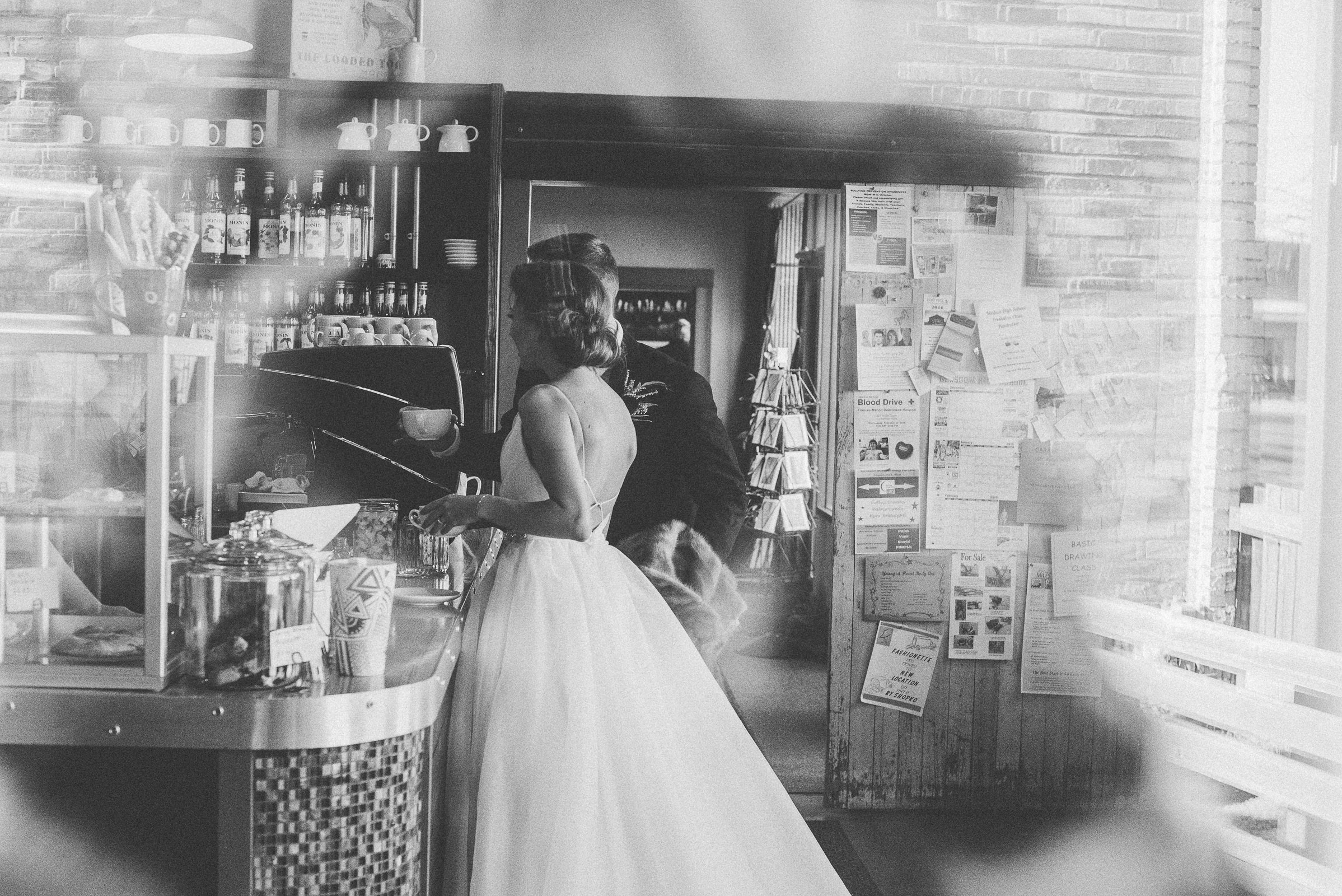 Montana wedding couple in small town coffee shop